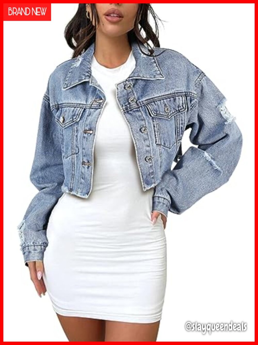 Cropped Frayed Hem Denim Jacket Button Down Long Sleeve Women's